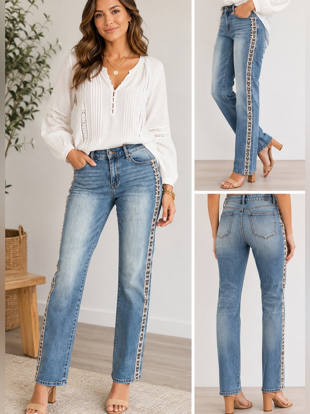 New! INC Denim Jeans Embroidered Side Stripe Trim Stretch Medium Wash Size 10/30